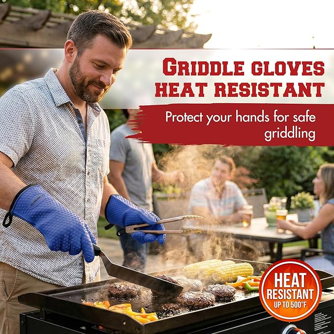 KITCHEN PERFECTION XL Silicone Oven & Griddle Gloves -Extreme Heat Resistant BBQ & Grilling Gloves -Handle Hot Food Right on Your Griddle |Waterproof Oven Mitts Grill Gloves |Superior Set+3 Bonuses