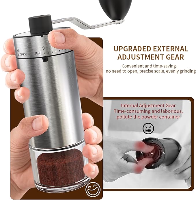Portable Coffee Grinder Conical Burr for Espresso French Press Pour Over Double Bearing Internal Adjustment Capacity 25g (Silver-Ceramic Burr)