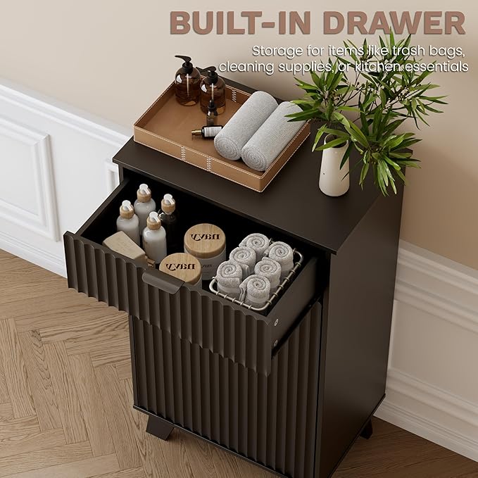 Modern Tilt Out Laundry Hamper Cabinet, 10 Gallon Wooden Trash Can Cabinet with Storage Drawer, Hidden Fluted Bathroom Storage Cabinet for Kitchen, Living Room (Black, 20.47"W x 35.83"H x 13"D)