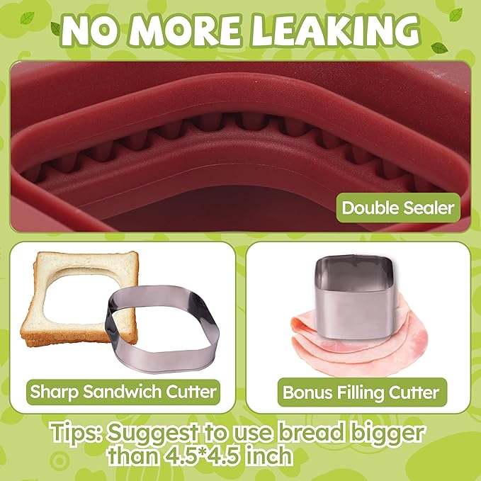 LEPCY Uncrustables Sandwich Maker Sealer Cutter, Crustless Sandwich Cutter, PB&J Uncrustable Maker - Color Dark Red, Square Shape