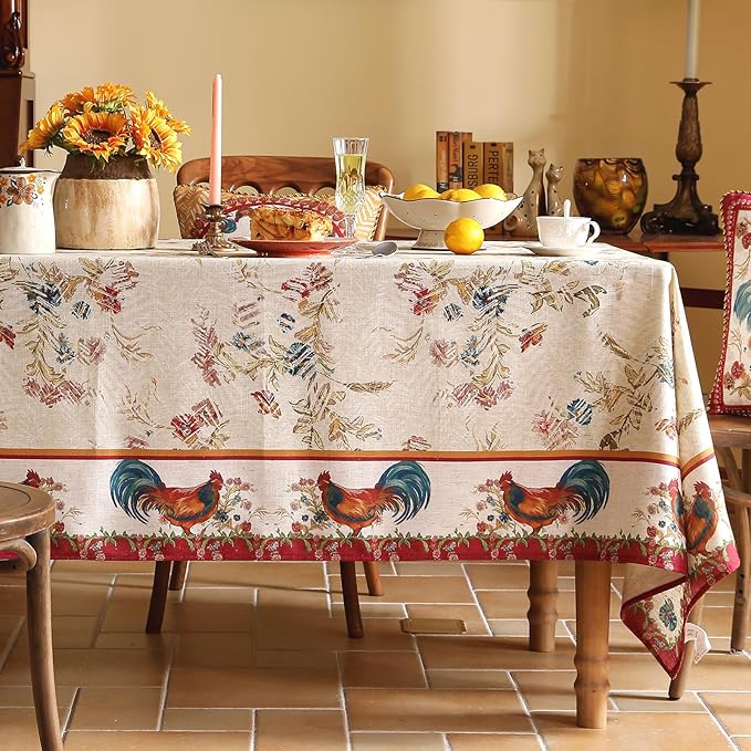 patdrea Designer Vintage Red Rectangle Tablecloth,French Linen Animals Pattern Tablecloths,Decoration Floral Table Cover for Kitchen Dining Christmas,Party,Thanksgiving,55"x87"-Townlife E
