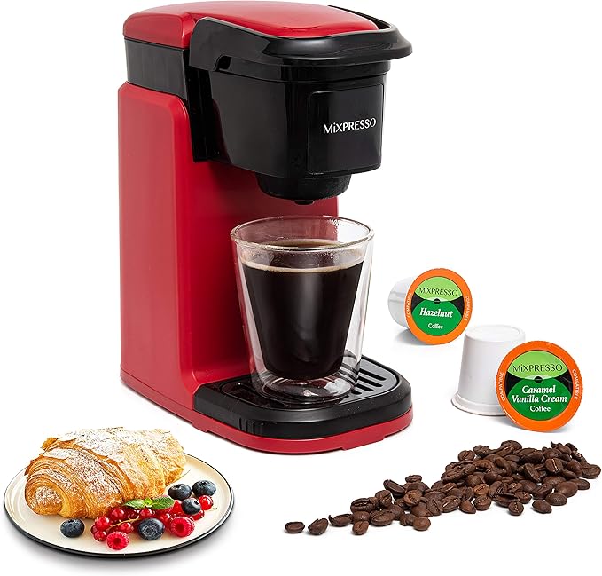 Mixpresso Red Single Serve Coffee Maker for K Capsule, Compact Mini Coffee Maker 800 Watt Coffee Machine for Pods or Ground, Fast Brew, Auto Shut Off, 12 Oz Brew Size for Travel, Office, RV and Dorm