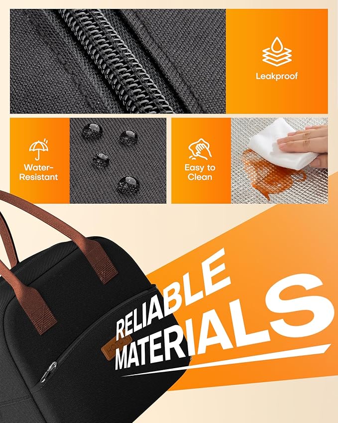 HOTOR Lunch Bag for Women & Men - Wear-Resistant Insulated Lunch Box with Large Capacity, Multi-Functional Cooler Bag for Office, Picnic, Black, 10L,10.60" x 5.90" x 9.50"