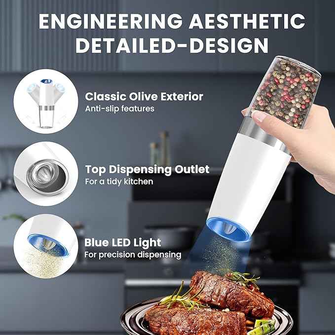 Gravity Electric Salt and Pepper Grinder set of 2, Automatic Salt And Pepper Grinder Set, Adjustable Roughness, Battery Powered, LED Light, 2 Pack, (Black&White)