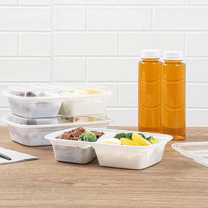 Restaurantware Asporto 32 Ounce Compartment Take Out Boxes 100 Microwavable Meal Prep Containers - 2 Compartments With Clear Plastic Lids White Plastic Food Containers Do Not Contain BPA