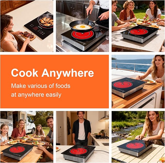 Dual Heating Coil Design of Single Burner Electric Cooktop, 1800W Ceramic Infrared Cooking Hot Plate, Portable Countertop or Built-in Radiant Stove Top Cooker with Wattage and Temperature Control