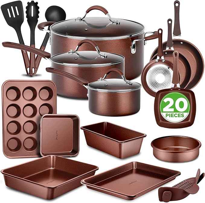 NutriChef Nonstick Cookware Set, 20-Piece Premium Kitchen Cookware Set with Pots, Pans, Bakeware & Utensils, Non Stick Pots and Pans Compatible with Gas, Electric, Ceramic & Induction Cooktops (Black)