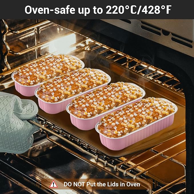 EUSOAR Dessert Cups with Lids, 100pcs 6.8oz 6.5"x2.5"x1.2" Pink Aluminum Foil Baking Cups Mini Loaf Pan Tin, Disposable Ramekins Containers Cheesecake Creme Brulee for Party Shower Wedding Gathering