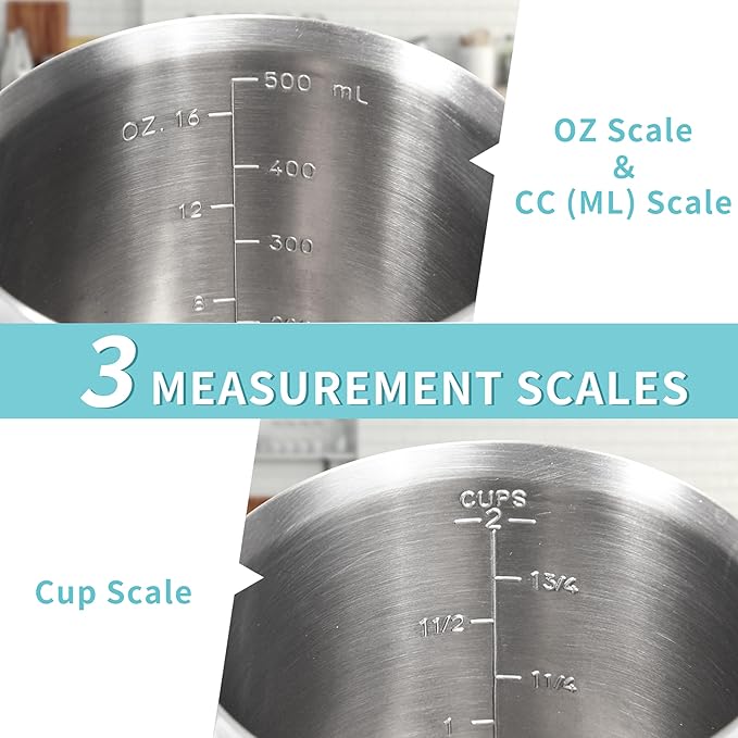 Newness 2-Pack Stainless Steel Measuring Cups Set, (3 Marking Including Cup/ML/Oz Scale) (2 & 3 Cup) Metal Measuring Cup with Handle For Prepping, Baking and Cooking, Dishwasher, Microwave Safe