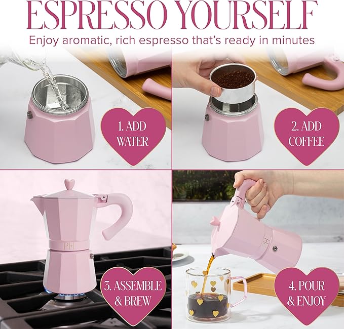 Paris Hilton Stovetop Espresso and Coffee Maker, Italian & Cuban Style Coffee Pot with Iconic Heart Knob, Perfect for Rich Aromatic Espresso, Makes up to 6 Espresso Cups, Pink