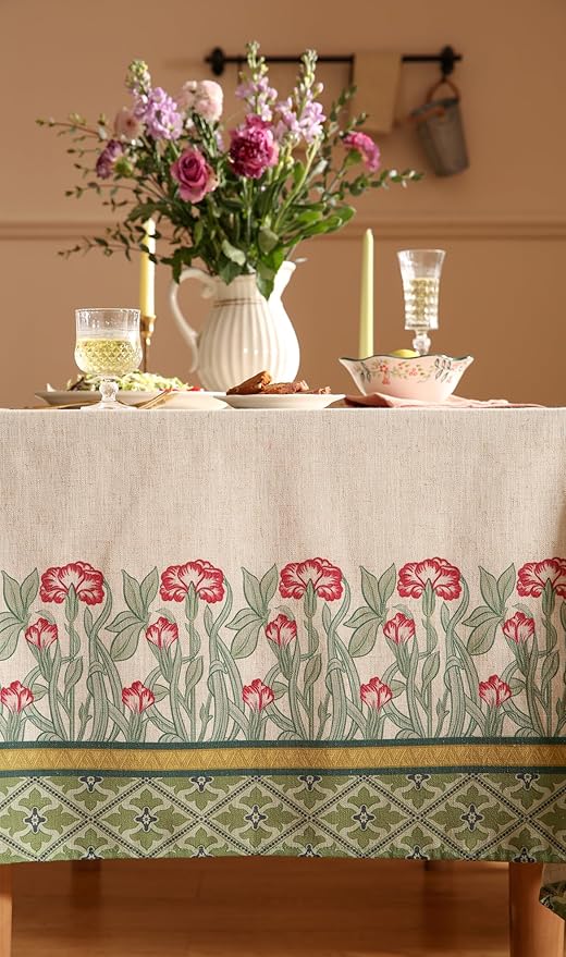 patdrea Designer Linen Green Tablecloth for Rectangle Table,Vintage Leaves Pattern Durable Table Cloth,Floral Decor Cover for Kitchen Dining,Christmas,Thanksgiving,Party,55"x87"-Cecilia D