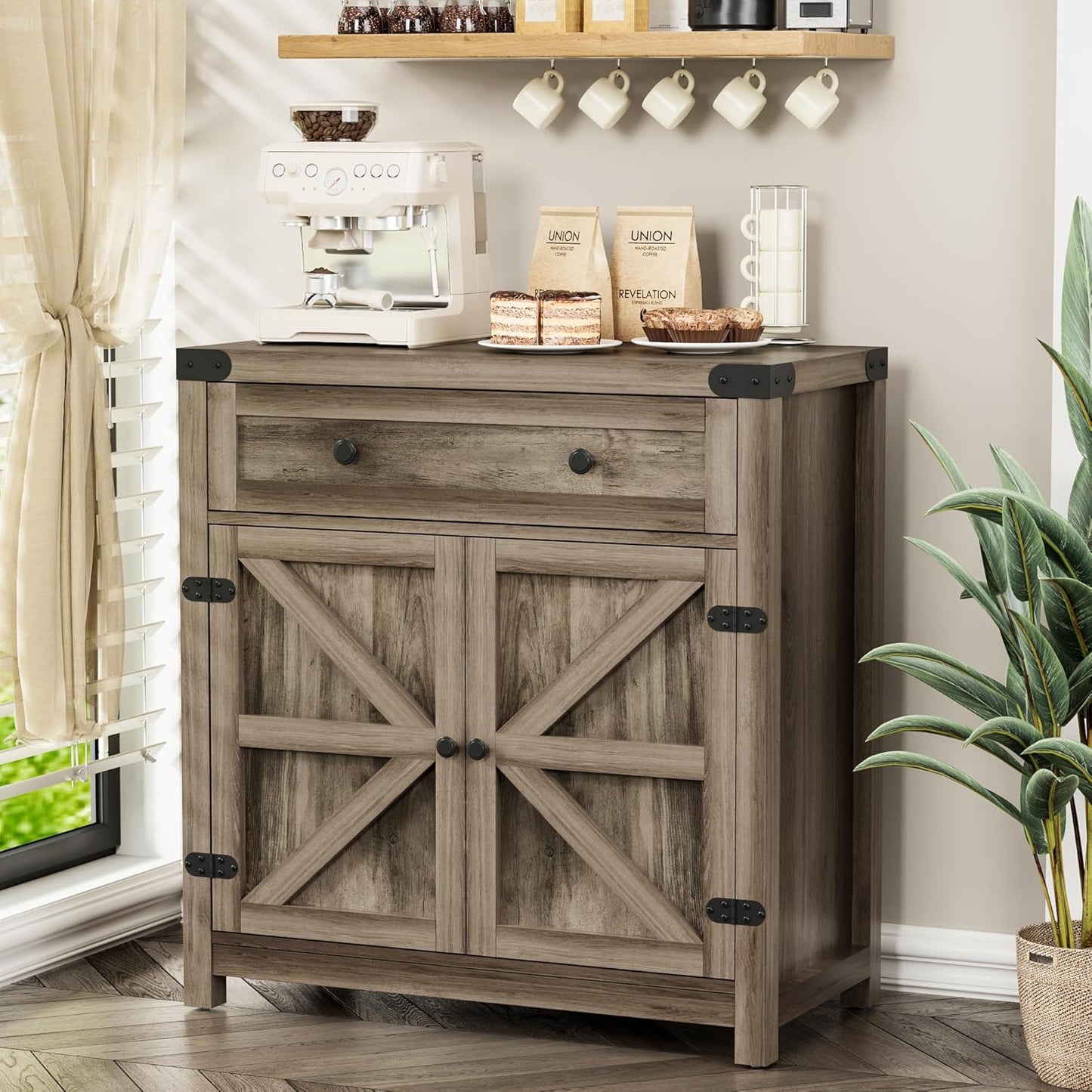 YESHOMY Farmhouse Coffee Bar Cabinet Sideboards, with Barn Doors, Spacious Drawer, Adjustable Interior Shelf, Generous Top Surface, for Kitchen, Bathroom, Entryway, Living Room, Pure Rustic