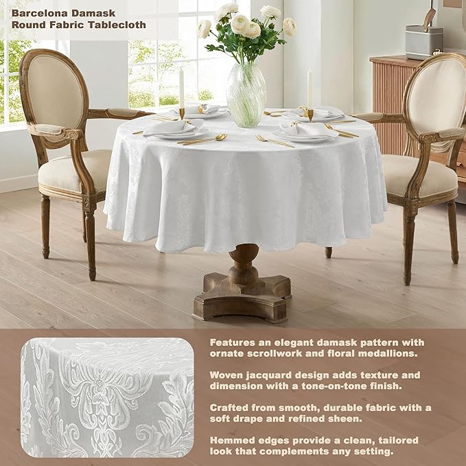 Newbridge Barcelona Luxury Damask Fabric Tablecloth, 108” Round, White, 100% Polyester, No Iron, Soil Resistant Dining Room, Party and Banquet Table Cover
