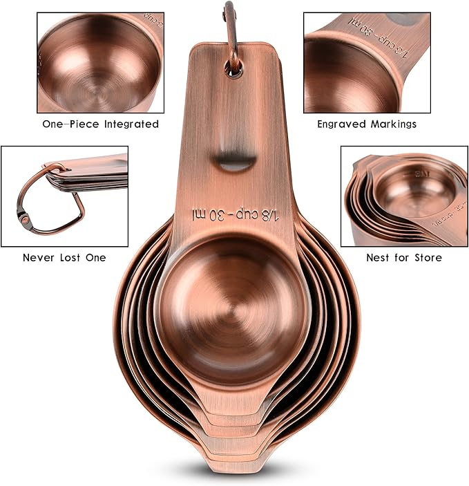 Copper Measuring Cups and Spoons Set 17, Stainless Steel 7 Measuring Cup and 9 Spoons for Dry & Liquid, Metric & US Metal Measuring Cups and Spoons Set &Leveler for Baking & Kitchen