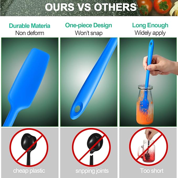 2 Pieces Long Handle Silicone Jar Spatula Kitchen Scraper Spatula Non-Stick Rubber Silicone Scraper for Jars, Smoothies, Blenders Cooking Baking Stirring Mixing (Blue)