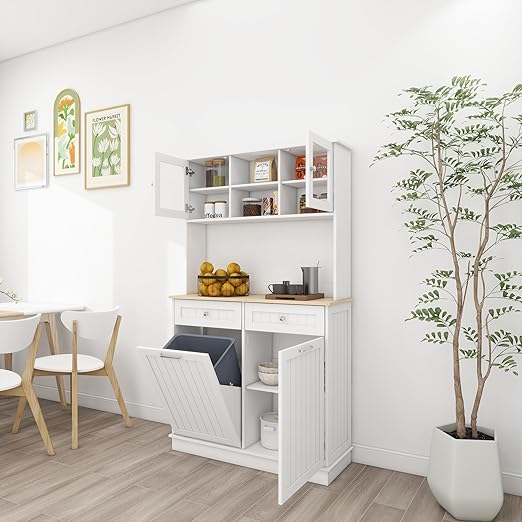 RASOO Trash Can Cabinet 67.7" Tall Kitchen Pantry Storage Sideboard Freestanding Tilt Out Trash Can 10 Gallon Glass Doors with 2 Drawers Microwave Coffe Bar