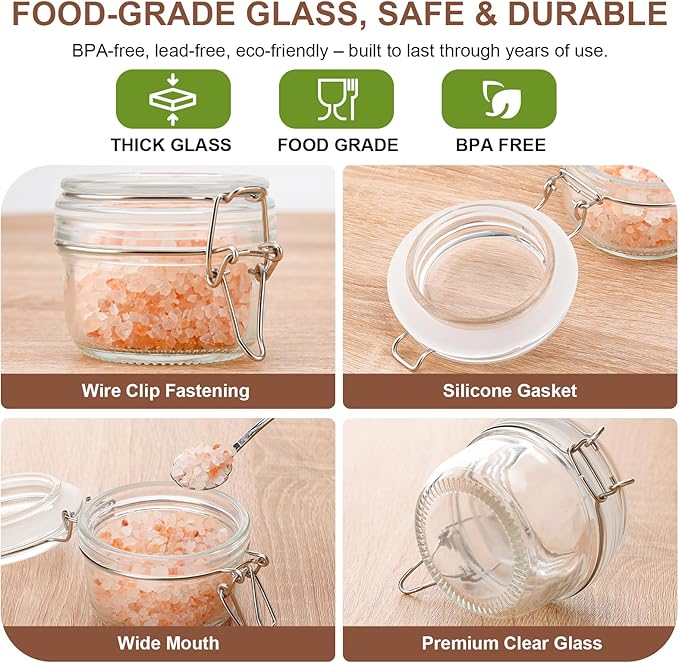 4oz Mini Airtight Glass Jars with Clamp Lid - Small Spice, Jam & Honey Jars for Kitchen Pantry Storage, Cute Clear Sauce Containers for Seasoning, Sugar, Salt, Wedding & Party Favors