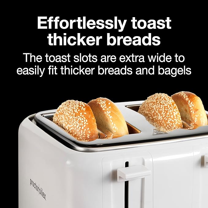 Proctor Silex 4 Slice Toaster with Extra Wide Slots for Bagels, Cool-Touch Walls, Shade Selector with 7 Browning Levels, Toast Boost, Auto Shut-off and Cancel Button, White (24214PS)