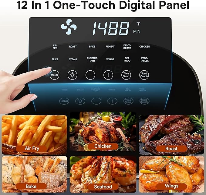 Simple Deluxe 12-in-1 Air Fryer 6.34 Qt, Digital Preset Airfryer with Visible Window, Nonstick and Dishwasher-Safe Basket, Air Fry, Roast, Bake, Dehydrate, Fries, 1700W, Black