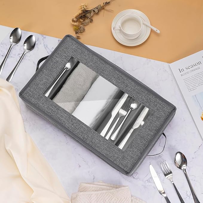 Silverware Storage Box 2 Pack, Flatware Storage, Utensil Storage with Removable Lid and Adjustable Dividers for Organizer Utensils, Cutlery, Flatware, Knives, Large Capacity Gray