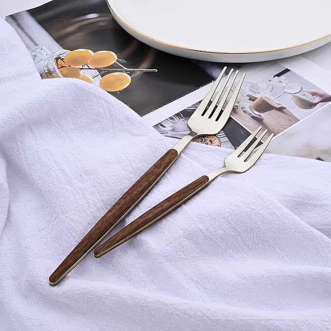 6-Piece Dessert Forks Set, Stainless Steel Mini Fruit Forks Set, Silver Mirror Polished Cake Forks for Wedding Home Party Restaurant, Round Wooden Effect Handle, 6.18inch, Dishwasher Safe