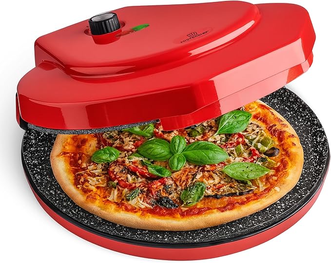 MisterChef Countertop Pizza Maker, 1450W Mini Pizza Oven, Pizza Maker Oven With 12″ Non-Stick Ceramic Plate, Indoor Electric Pizza Oven for Crepes, Pancakes - Red