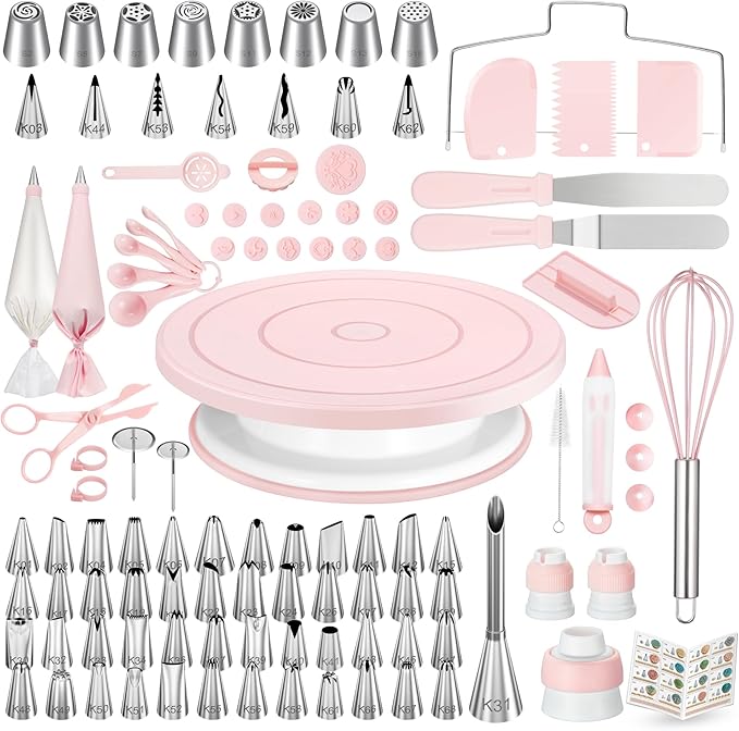 Kootek 158PCs Cake Decorating Kit, Baking Supplies Tools - Includes Cake Stand Turntable, 64 Icing Piping Tips Set, 2 Frosting Spatulas, 3 Scrapers, 50+2 Pastry Bags, Coupler, Video Tutorial, Booklet