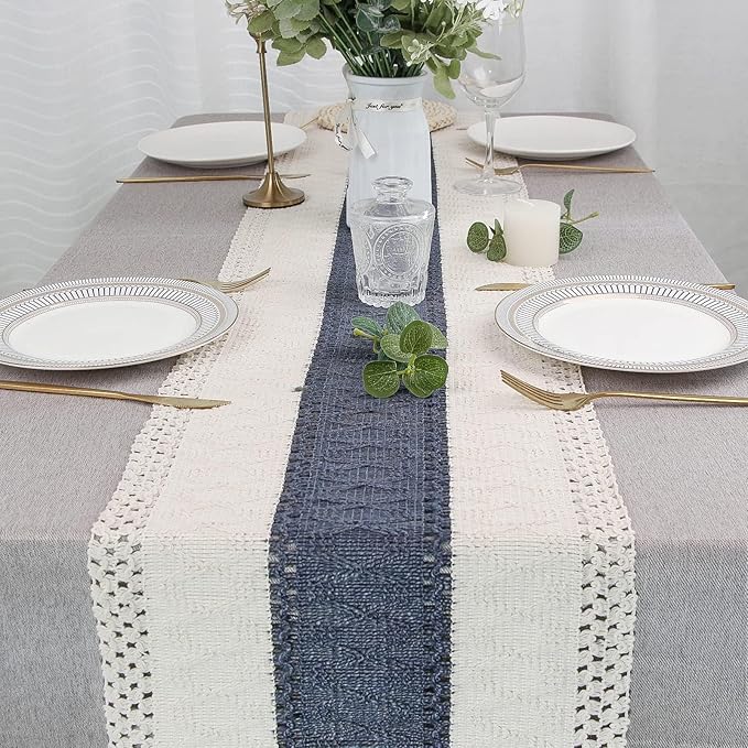 FEXIA Boho Table Runner 90 Inches Long with Tassels Farmhouse Rustic Cream & Blue Macrame for Dining Bedroom Baby Bridal Shower Decor(12x90 Inches)