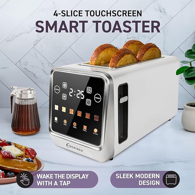 Touch Screen Toaster - 4 Slice, 2 Extra Long Slots - 5 Bread Types and 6 Browning Levels - Defrost, Reheat, Favorite, & Single Slot Modes - For Toast, Bagels, & Waffles – White