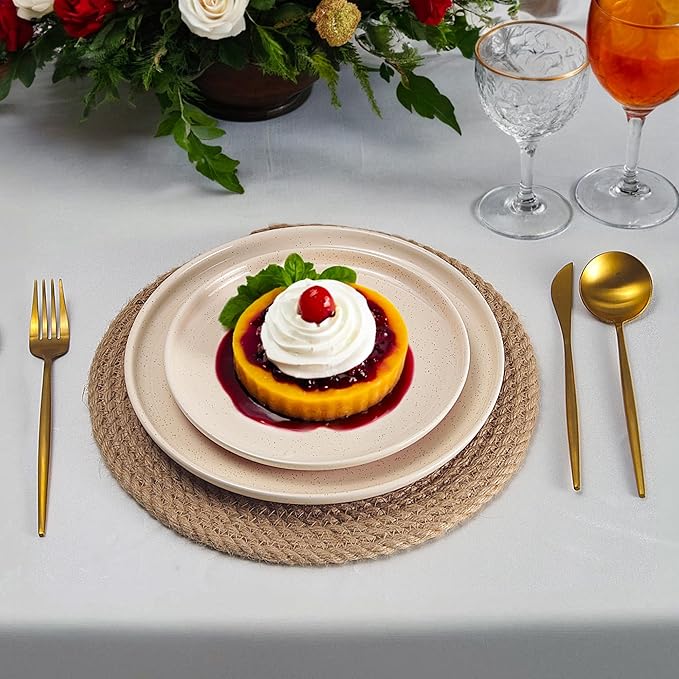 GZG Ceramic Dinner Salad Plates Set of 4, 8 Inch Speckled Dinnerware Dessert Plates with Clay-Tone Base, Microwave Oven Dishwasher Safe