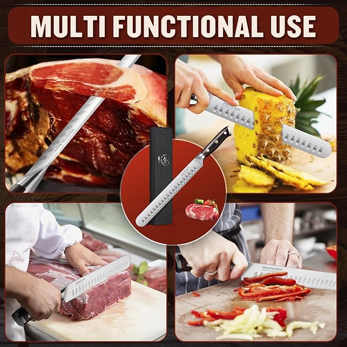 DRAGON RIOT 10 inch Premium Brisket Knife, Razor Sharp Carving Knife with Ergonomic Handle Design, Granton Edge, Hand Forged Brisket Slicing Knife for Meat and BBQ Cuting Gift for Men