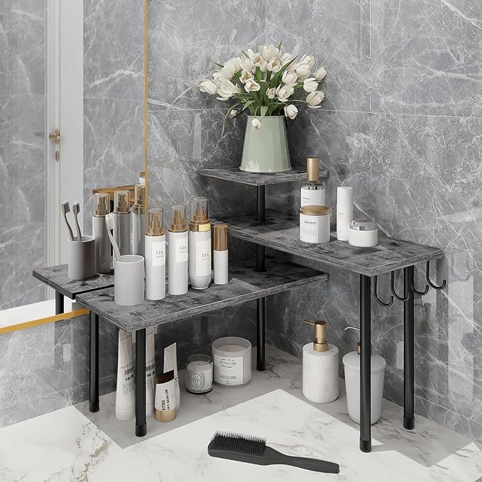 Homode Kitchen Countertop Organizer, 3 Tier Corner Shelf Bathroom Counter Organizer, Wooden Counter Shelf Stand Space Saver, Easy Assembly, Rustic Grey