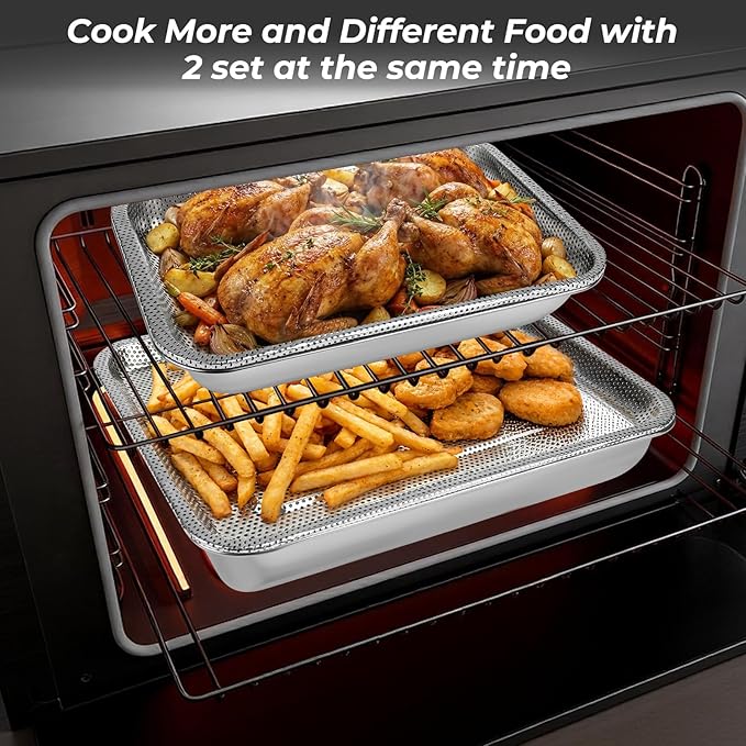 2 Pcs 15.74"12.59" Stainless Steel Roasting Pan Set, Baking Pan for Oven with 2 Pcs Oil-spill Trays, Heavy Duty, Dishwasher Safe Rectangular Lasagna Pan for Turkey Chicken, Silver