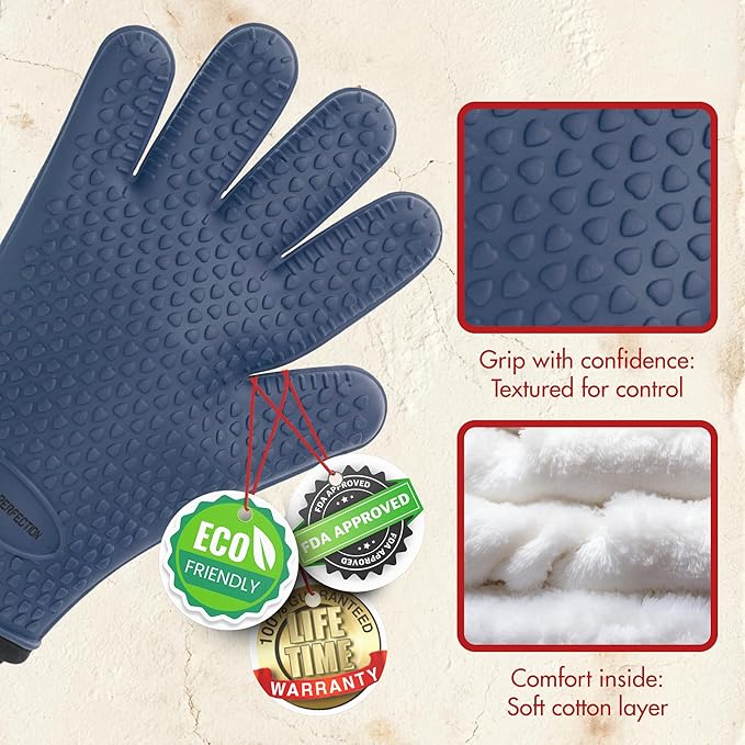 KITCHEN PERFECTION XL Silicone Oven & Griddle Gloves -Extreme Heat Resistant BBQ & Grilling Gloves -Handle Hot Food Right on Your Griddle |Waterproof Oven Mitts Grill Gloves |Superior Set+3 Bonuses