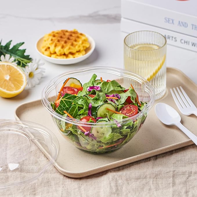 [32 oz. 150 Sets Clear Plastic Salad Bowls with Airtight Lids Disposable To Go Mixing Containers Serving for Fruit, Quinoa, Lunch and Meal Prep