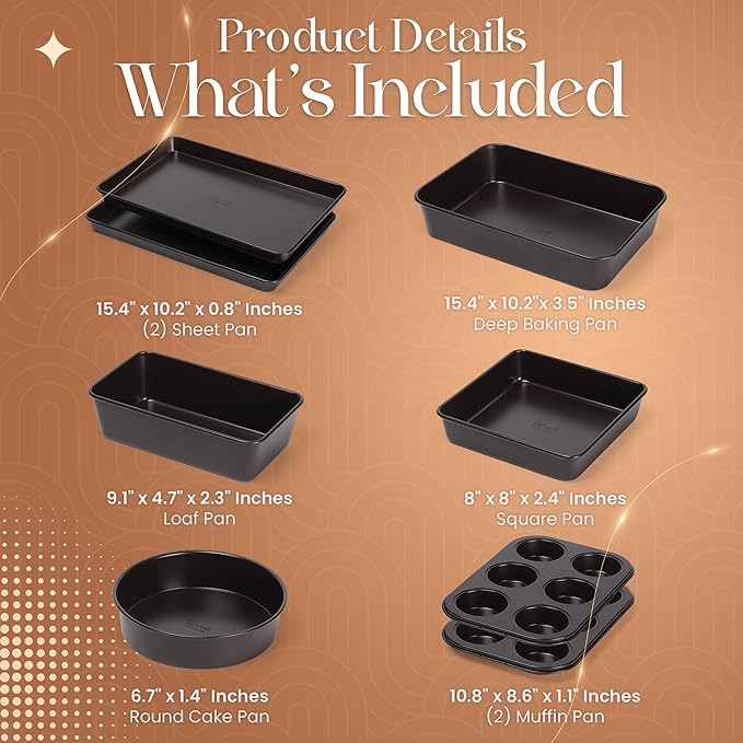 Nonstick Bakeware Set 8 Piece - Stackable Baking Pan Set, Oven safe 450°F, Carbon Steel Baking Set with Muffin, Loaf, Cookie Sheets & Roaster, Easy Storage, BPA-Free (Dark Brown)