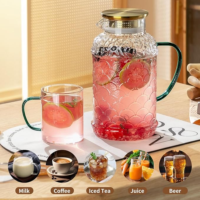 Buaic 2 PACK Glass Pitcher with Lid,68 oz/2 Liter Fish Scale Design Water Pitcher,Clear Borosilicate Glass Water Carafe for Cold Brew, Coffee, Lemonade, Iced Tea,Heat Resistant Water Glass Jug