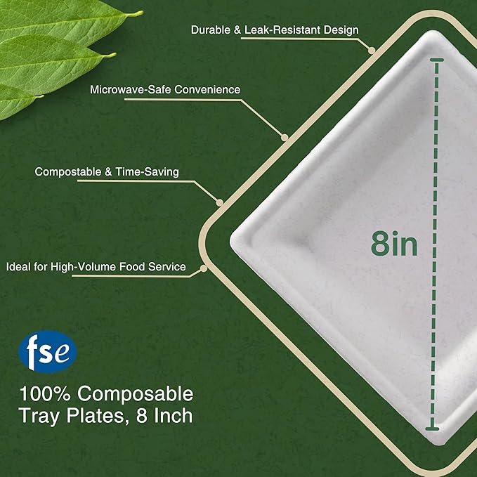 FSE 100% Compostable Square Tray Plates, 8 Inch, Heavy Duty Disposable Plates, Eco-Friendly Unbleached Bagasse, Microwave Safe, (Case of 500)