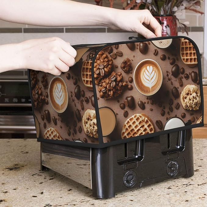 Brown Coffee Pattern Covers for Toasters 4 Slice,Cute Funny Bread Machine Cover with Handle,Washable Stain Resistant Kitchen Small Appliance Cover Dining Decor