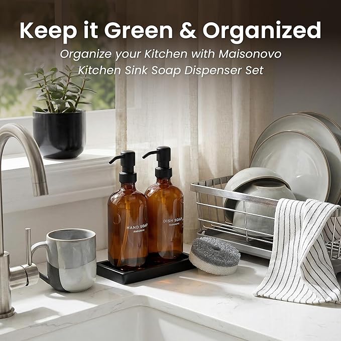 Maisonovo Kitchen Soap Dispenser Set - Hand and Dish Soap Dispenser Set with Amber Glass Soap Dispenser, Black Pumps & Ceramic Tray