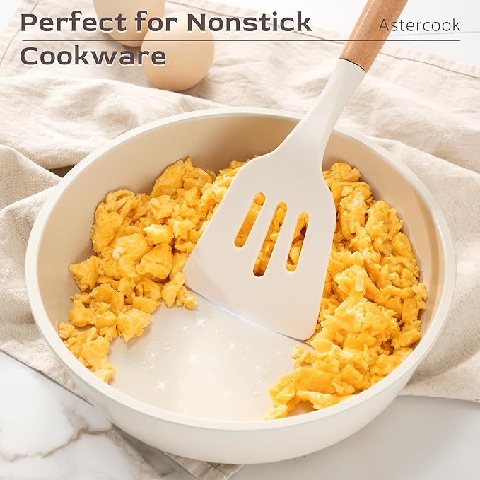 Astercook Kitchen Utensils set, 39 PCS Silicone Cooking Utensils Set with Wooden Handle, 446°F Heat Resistant Food Grade Utensil Sets, BPA Free Kitchen Gadgets Tools Set for Nonstick Cookware (Cream)