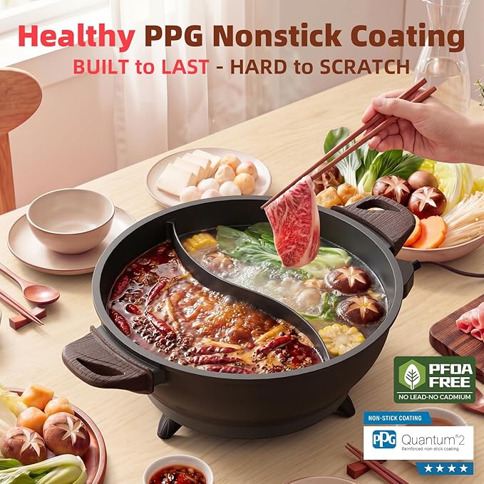 TWIN™ Electric Hot Pot with Divider | PFAS-Free Ceramic Nonstick Pot | EvenHeat Cast Aluminum Body | 1500W Fast Heating | Dual-Flavor Shabu Shabu Pots for Family Use | 1-Yr Warranty