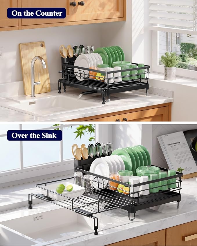 Kitsure Extendable Dish Drying Rack - Rust-Resistant Dish Racks for Kitchen Counter with Adjustable Support Legs, Cutlery Holder & Removable Draining Tray (Black, 15.6''-25.2''L × 16.9''W × 8.1''H)