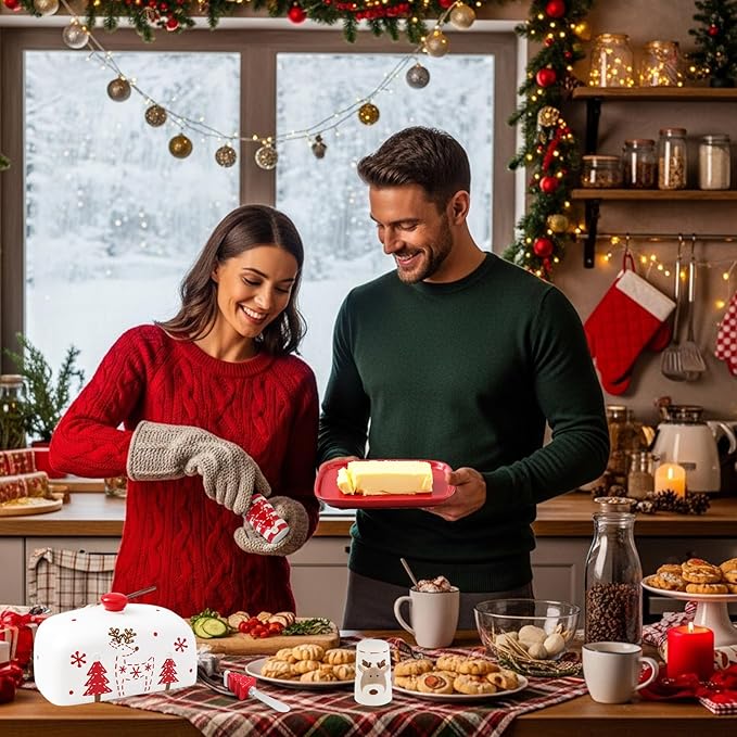 Ziliny 4 Pcs Christmas Dishes Set Include 1 Ceramic Elk Butter Dish with Lid 2 Salt and Pepper Shakers and 1 Christmas Tree Cheese Spreader with Stainless Steel Blade for Winter Festive Dinner Gift