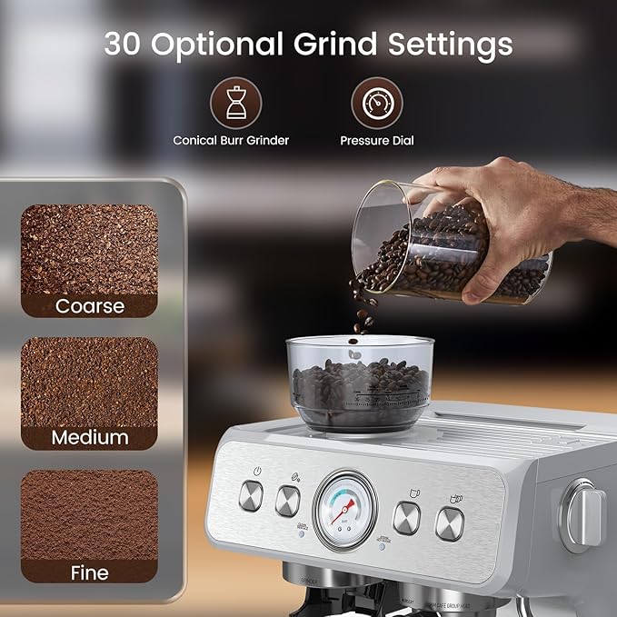 (2026 Upgrade) Espresso Machine with Grinder, Expresso Coffee Machines with Built-in Anti-Clog Coffee Grinder/Milk Steam Wand/Frother, Expresso Machines for Home Perfect Cappuccino & Latte-Silver