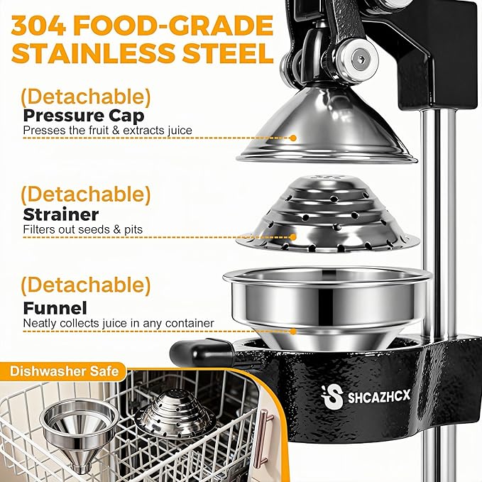 Cast Iron Juicer, Manual Citrus Press, Heavy Duty Hand Press Fruit Squeezer with Stable Base & Maximum Juice Yield for Orange Lemon Lime Pomegranate, Black