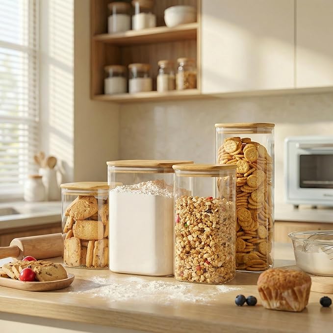 Extra Large Square Glass Flour & Sugar Storage Containers with Airtight Lids, 132 floz & 63 floz - 2 Pack Glass Jars with Bamboo Lids, Air tight Food Storage Containers for Cereal, Pasta, Rice