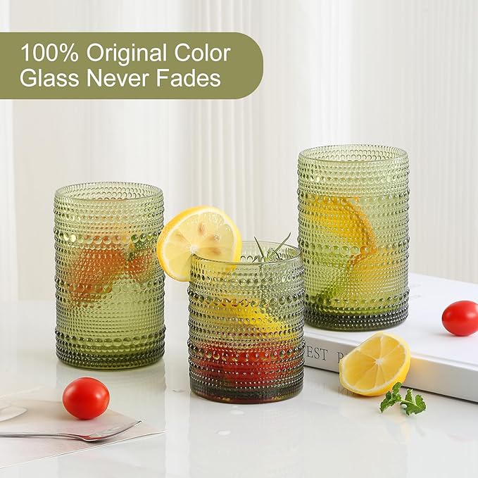 ZMOWIPDL Vintage Glassware Drinking Glasses Set of 12,Green 12oz & 15oz Hobnail Glass Cups,Embossed Water Tumbler,for Beer,Cocktail,Whiskey,Juice and Various Mixed Drinks- 1 Cleaning Brush