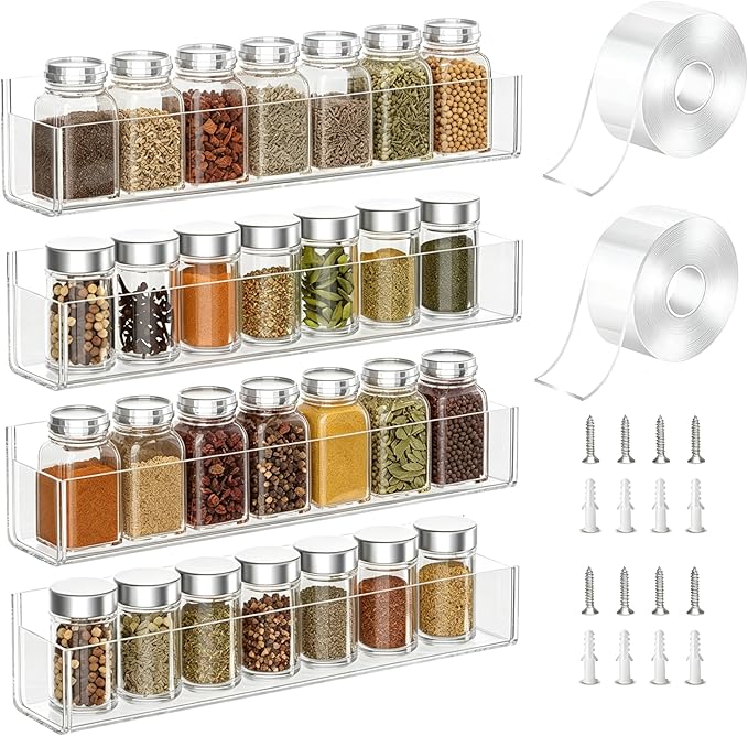 PMMASTO Adhesive Acrylic Spice Rack Organizer for Wall with 2 Nano Double Sided Tape, Spice Shelf Organization for Kitchen Cabinet Door/Pantry Door, Wall Mount Seasoning Rack (Clear-4 Pack)
