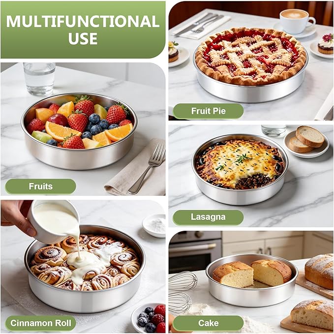 P&P CHEF 9 Inch Cake Pan Set of 3, 3 Pieces Round Layer Cake Baking Pans, Stainless Steel Smash Cake Tin Bakeware for Cooking Steaming, Nontoxic & Sturdy, Oven & Dishwasher Safe